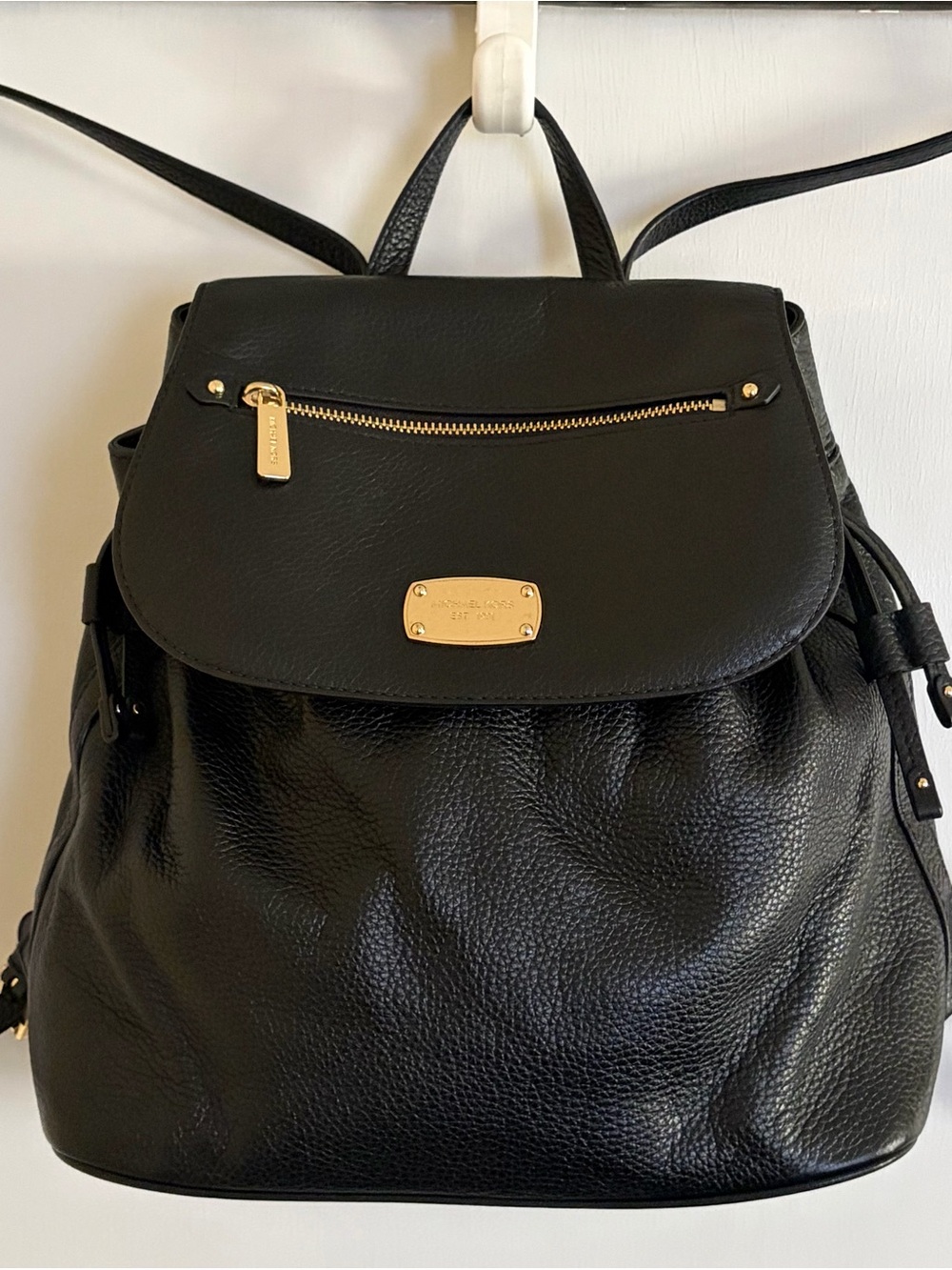 Michael Kors Black Pebbled Leather Backpack Front Zip Pocket Gold Tone Hardware